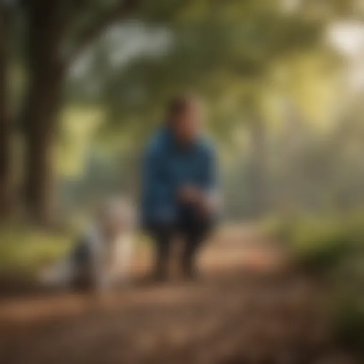 A serene outdoor setting showcasing a trainer working with their dog.