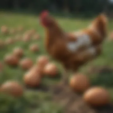 Free-range hens foraging in a pasture, highlighting environmental benefits