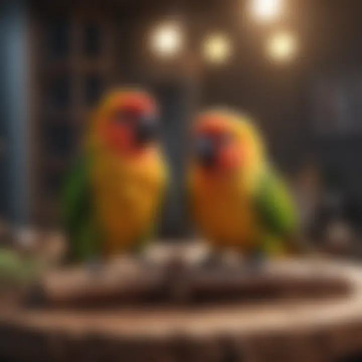 Conures enjoying their habitat in a well-designed cage