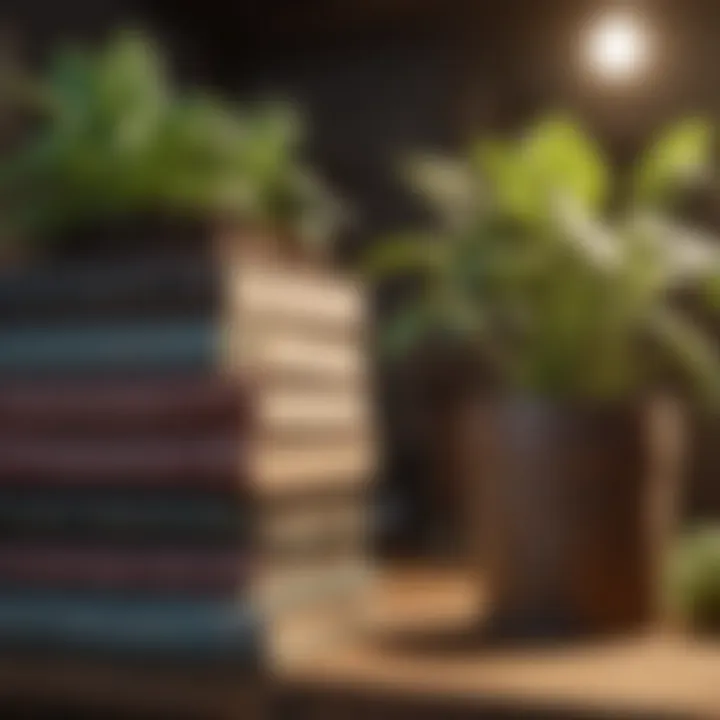 An assortment of gardening books stacked on a wooden table.