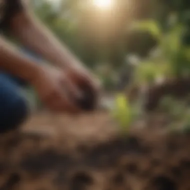 A close-up of a gardener planting seeds in fertile soil.