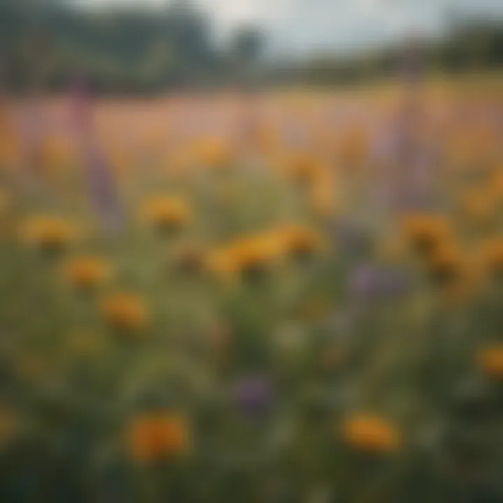 A vibrant field of wildflowers attracting honey bees
