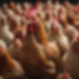 An array of heritage chicken breeds showcasing their distinct colors and feather patterns.