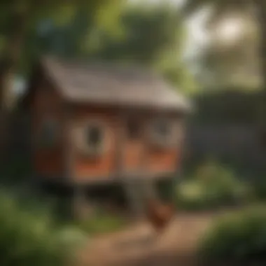 A well-constructed chicken coop nestled in a lush backyard environment, illustrating proper housing