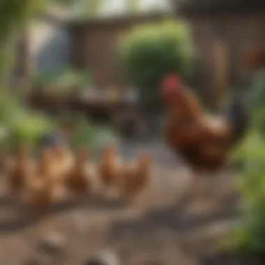 Chickens' Contribution to Sustainable Urban Living A serene backyard scene with chickens roaming freely, highlighting their role in sustainable living