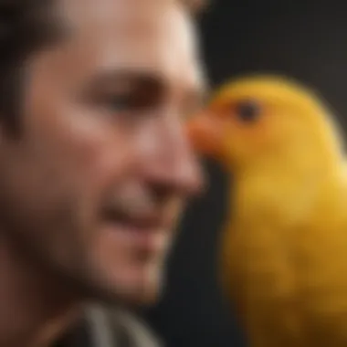 A close-up of a bird interacting playfully with its owner