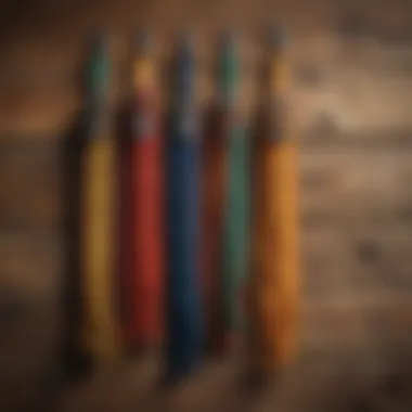 A colorful array of rooster leg leashes displayed on a rustic wooden background