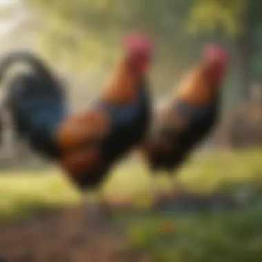 A serene pasture scene featuring roosters being managed with leg leashes