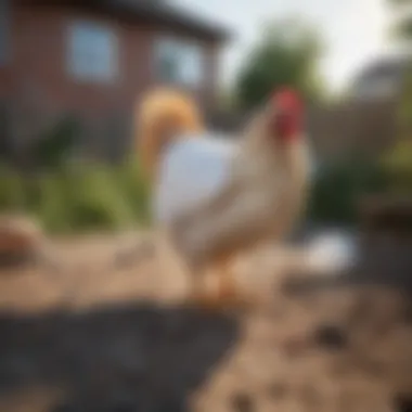 A chicken comfortably wearing a diaper in a backyard