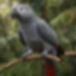 A beautifully plumed African Grey parrot perched on a branch in a lush setting.