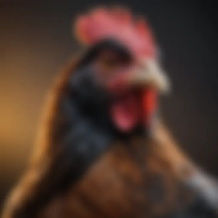 Close-up of a Dark Cornish chicken's distinctive features and vibrant colors.