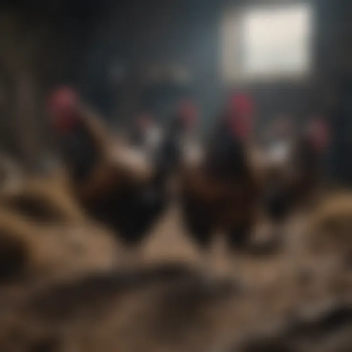 Historical representation of Dark Cornish chickens in a traditional farming setting.