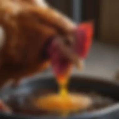 Close-up of a chicken using an automatic waterer