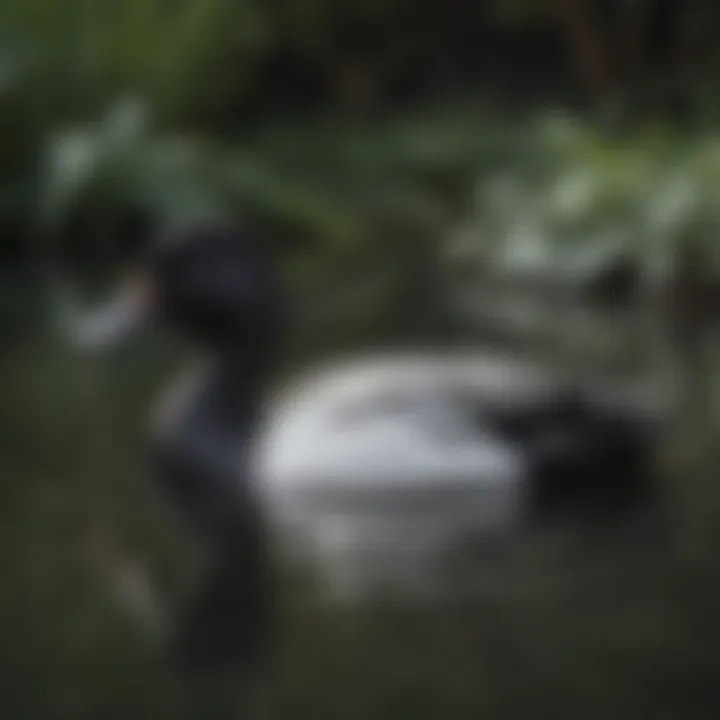 A striking black and white duck gracefully swimming in a serene pond