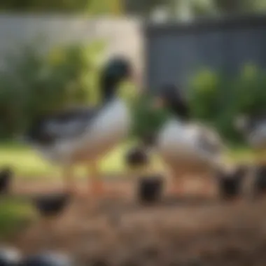 Playful Interaction Among Black and White Ducks A group of black and white ducks interacting playfully in a yard