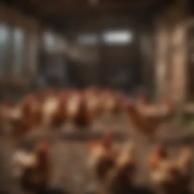 Chickens Thriving in a Double Coop Environment A diverse group of chickens happily roaming in a dual environment of a double chicken coop.