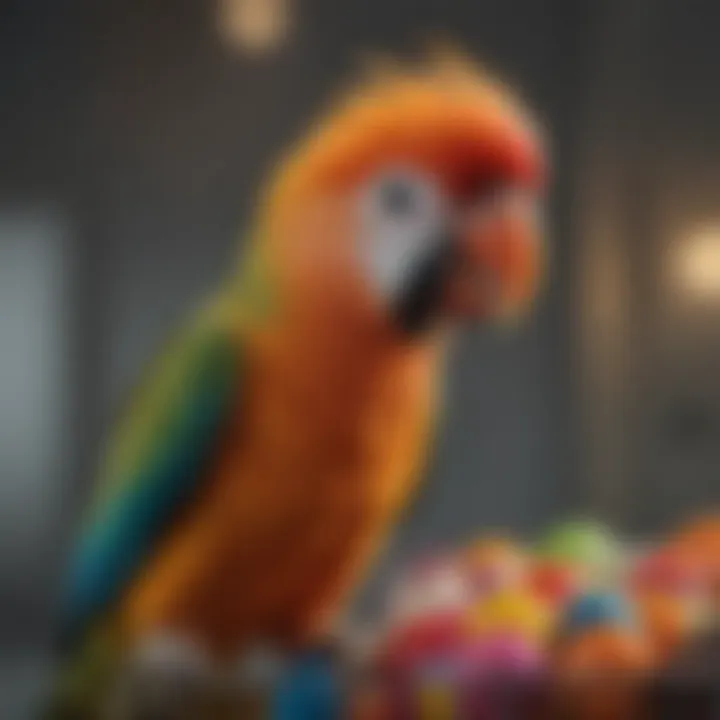 A close-up of a love bird engaging with a colorful toy inside its cage.