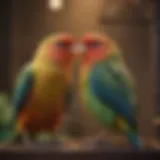 A pair of vibrant love birds perched together in a spacious cage.