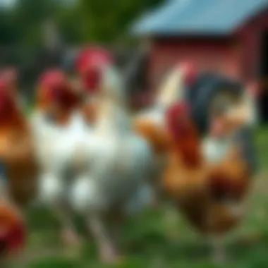 A variety of chicken breeds in a farm setting