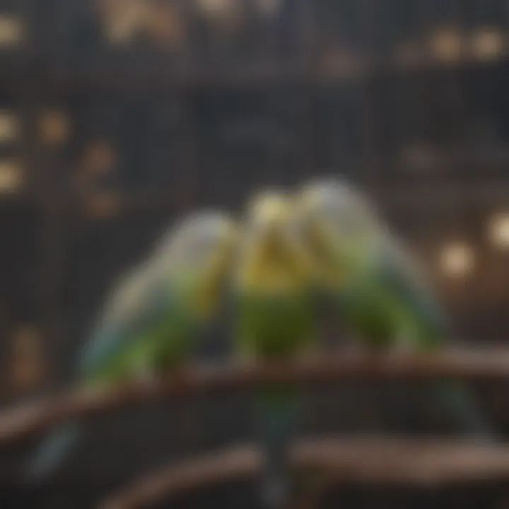 Budgies interacting in a large cage environment