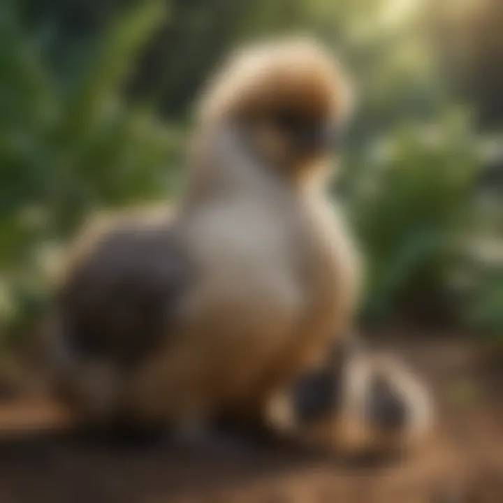 A serene setting showcasing a Japanese Silkie hen with chicks