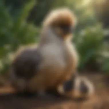 Serene Scene of a Japanese Silkie Hen with Her Chicks A serene setting showcasing a Japanese Silkie hen with chicks