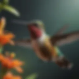 A close-up of a hummingbird hovering near a vibrant flower