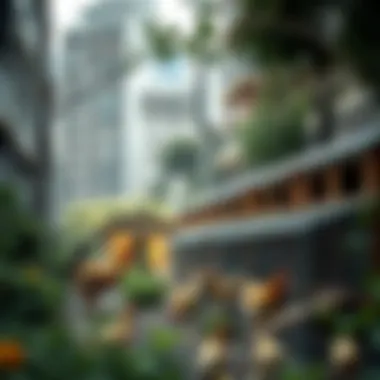 Urban farming setup with chicken coops integrated in city landscape