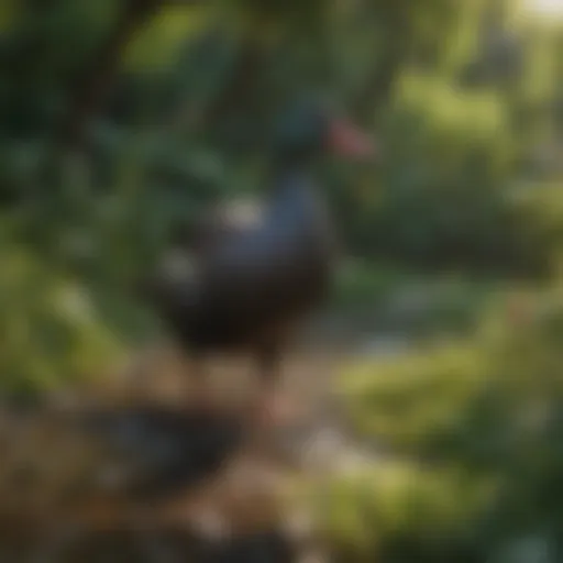 A vibrant Muscovy duck foraging in a lush garden