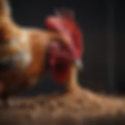 A close-up of a rooster pecking at a nutritious feed mix
