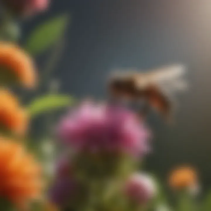 Bee hovering over a colorful flower in full bloom