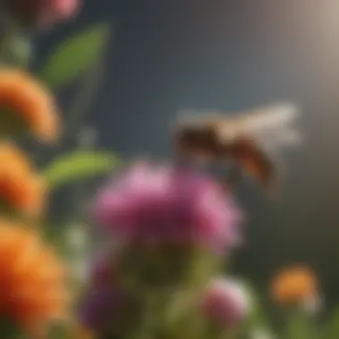 Bees in Action: Pollination in Bloom Bee hovering over a colorful flower in full bloom
