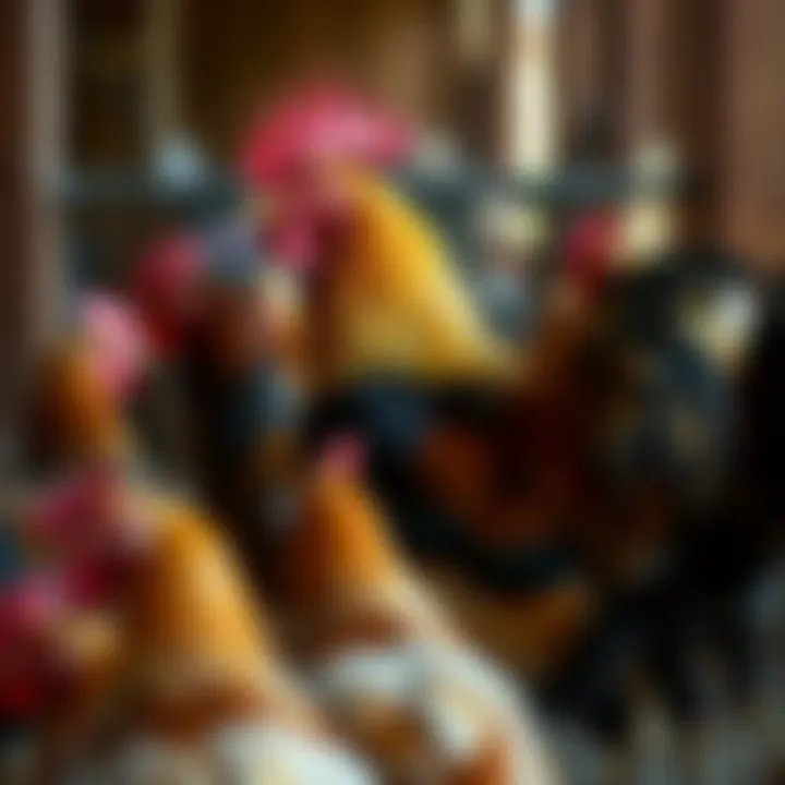 Social Dynamics: Rooster and Hens Rooster interacting with hens in a farm setting