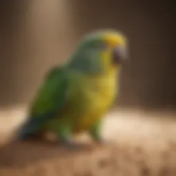 A vibrant parakeet enjoying a dust bath in natural sunlight