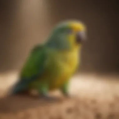 A vibrant parakeet enjoying a dust bath in natural sunlight