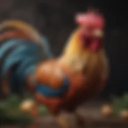 A vibrant toy rooster in mid-crow, showcasing its intricate design and colors.