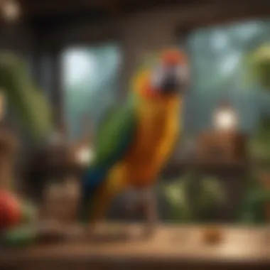 Serene Training Environment A serene environment for parrot training, featuring a cozy perch and toys.
