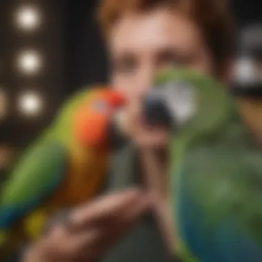 Trainer Interacting with Parrot A trainer interacting with a parrot, illustrating effective communication.