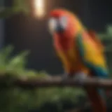 A vibrant parrot perched on a branch, demonstrating its colorful feathers.