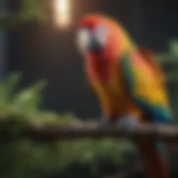 A vibrant parrot perched on a branch, demonstrating its colorful feathers.