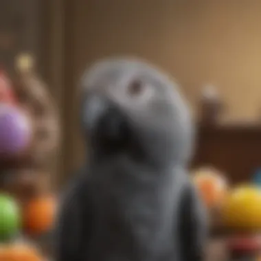 A close-up of an African grey parrot displaying its intelligent gaze, surrounded by stimulating toys.