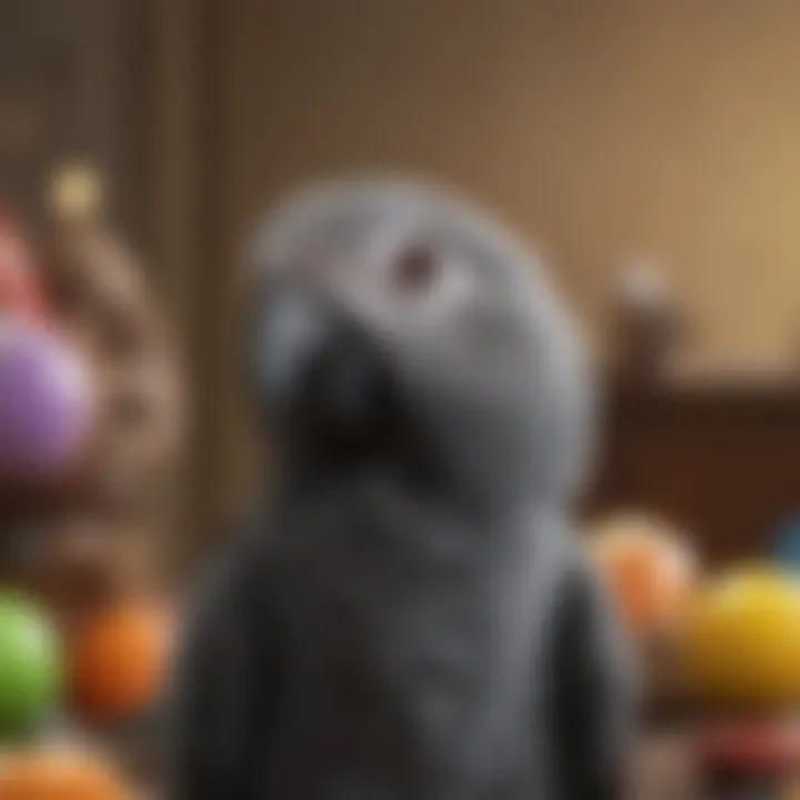 A close-up of an African grey parrot displaying its intelligent gaze, surrounded by stimulating toys.