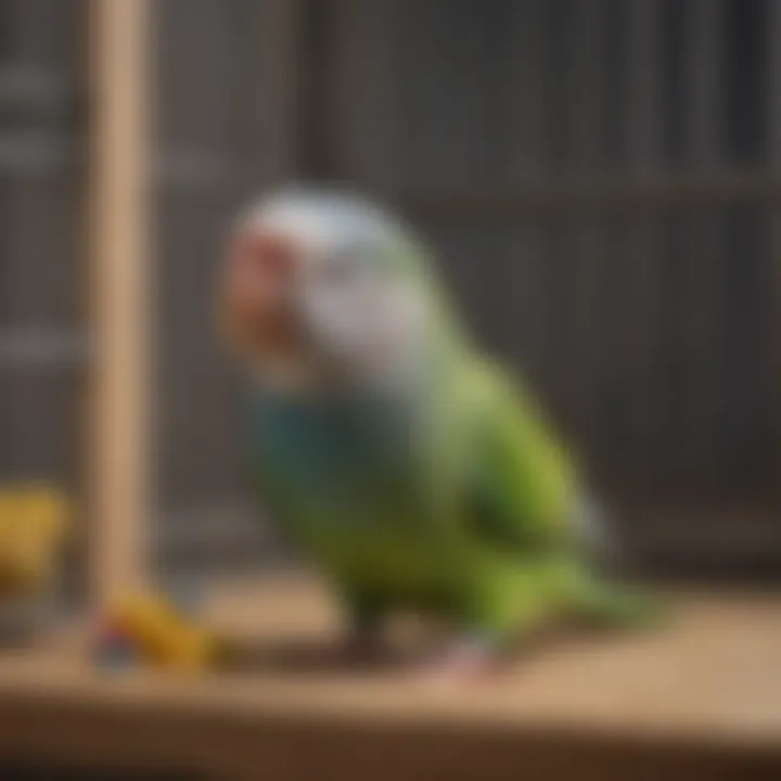 A cozy scene of a small parakeet playing with a toy in a spacious cage.