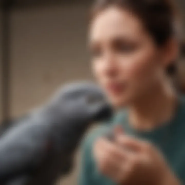 An African Grey parrot interacting with a person