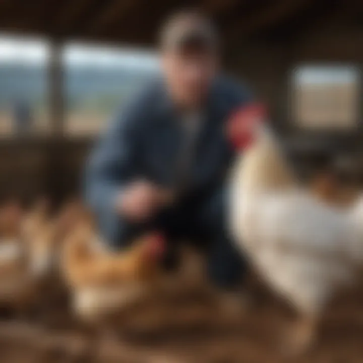 Farmers engaging in the care and feeding of American Bresse chickens