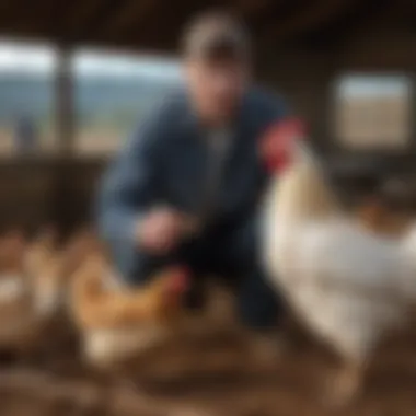 Caring for American Bresse Chickens Farmers engaging in the care and feeding of American Bresse chickens