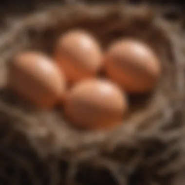 Egg Production from Well-Fed Chickens A close-up of eggs in a nest, showcasing the results of optimal feeding.