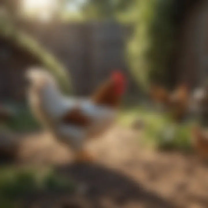 A vibrant backyard environment with healthy chickens foraging.