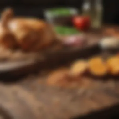 Key Ingredients for Chicken Nutrition Nutrient-rich chicken feed ingredients laid out on a wooden table.