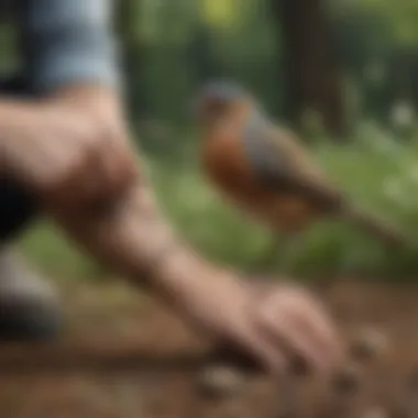 A bird researcher gently placing a leg band on a small bird in the wild.